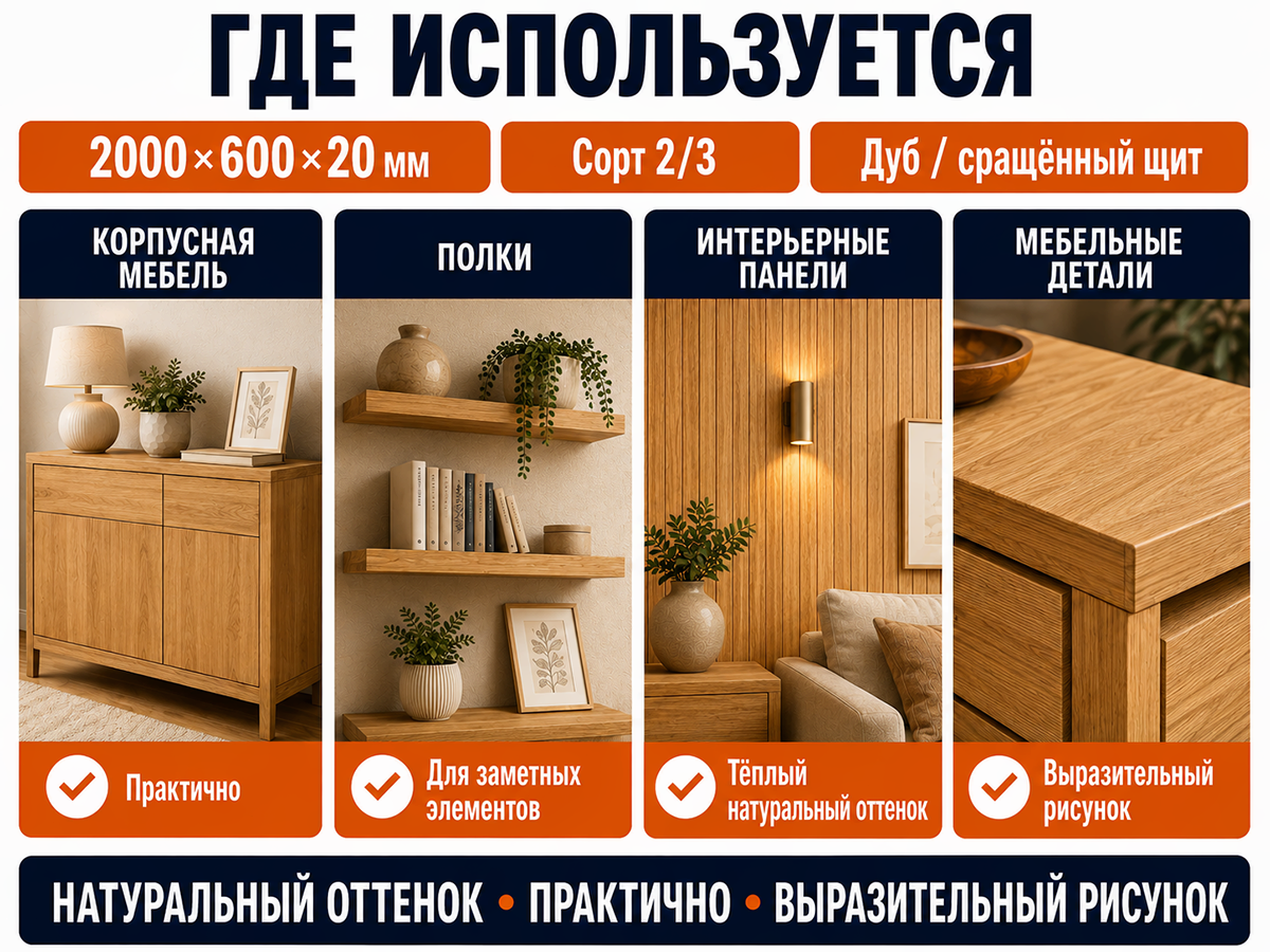 Мебельный щит из дуба сращённый, 2000×600×20 мм, сорт 2/3 фото 3