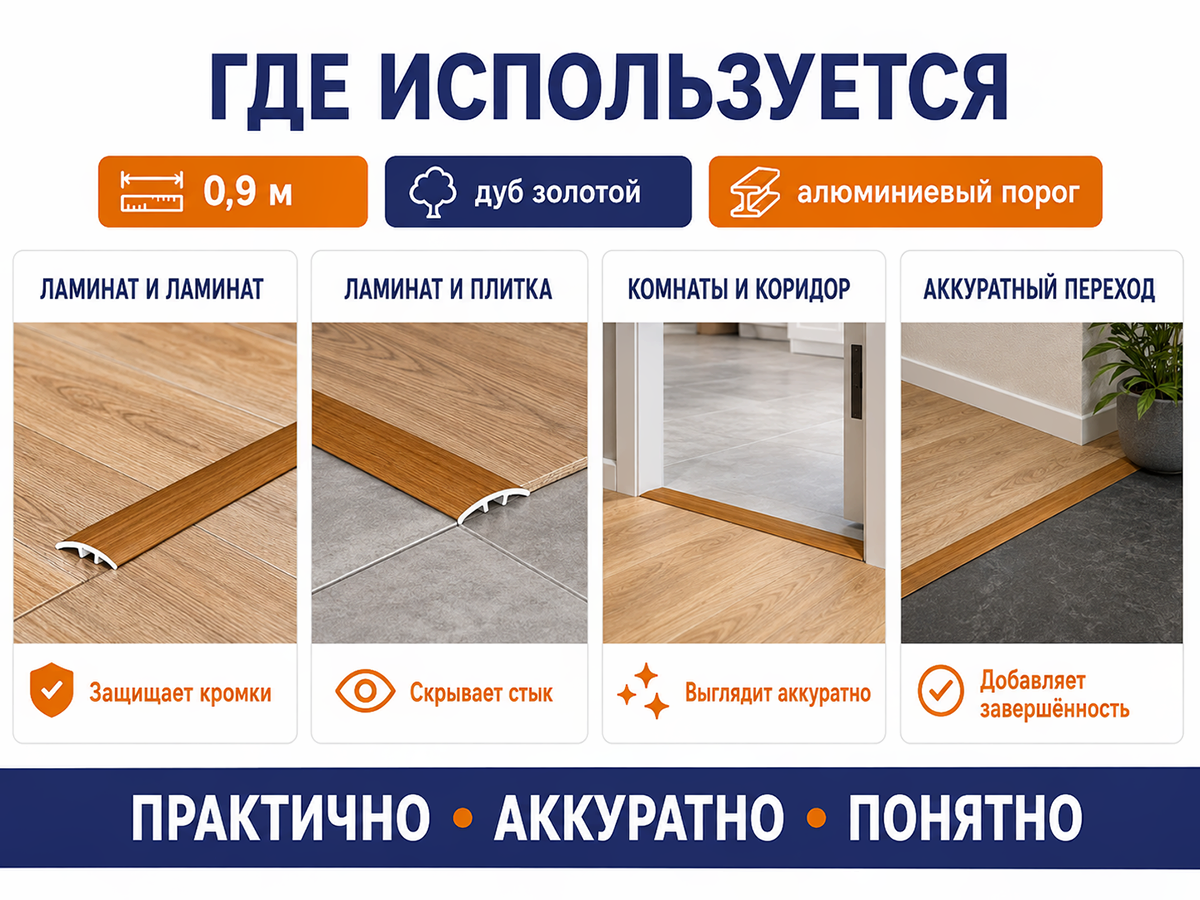 КТМ-2000 порог алюминиевый 70-417K, дуб золотой, 900 мм фото 3