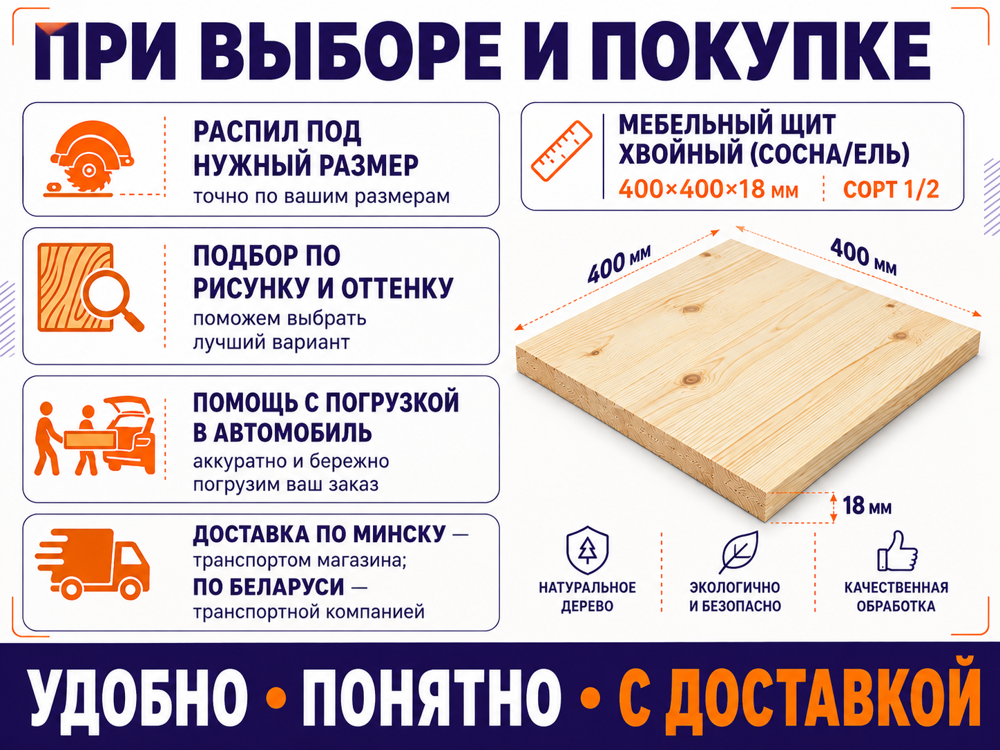 Мебельный щит из сосны/ели 400×400×18 мм, сорт 1/2