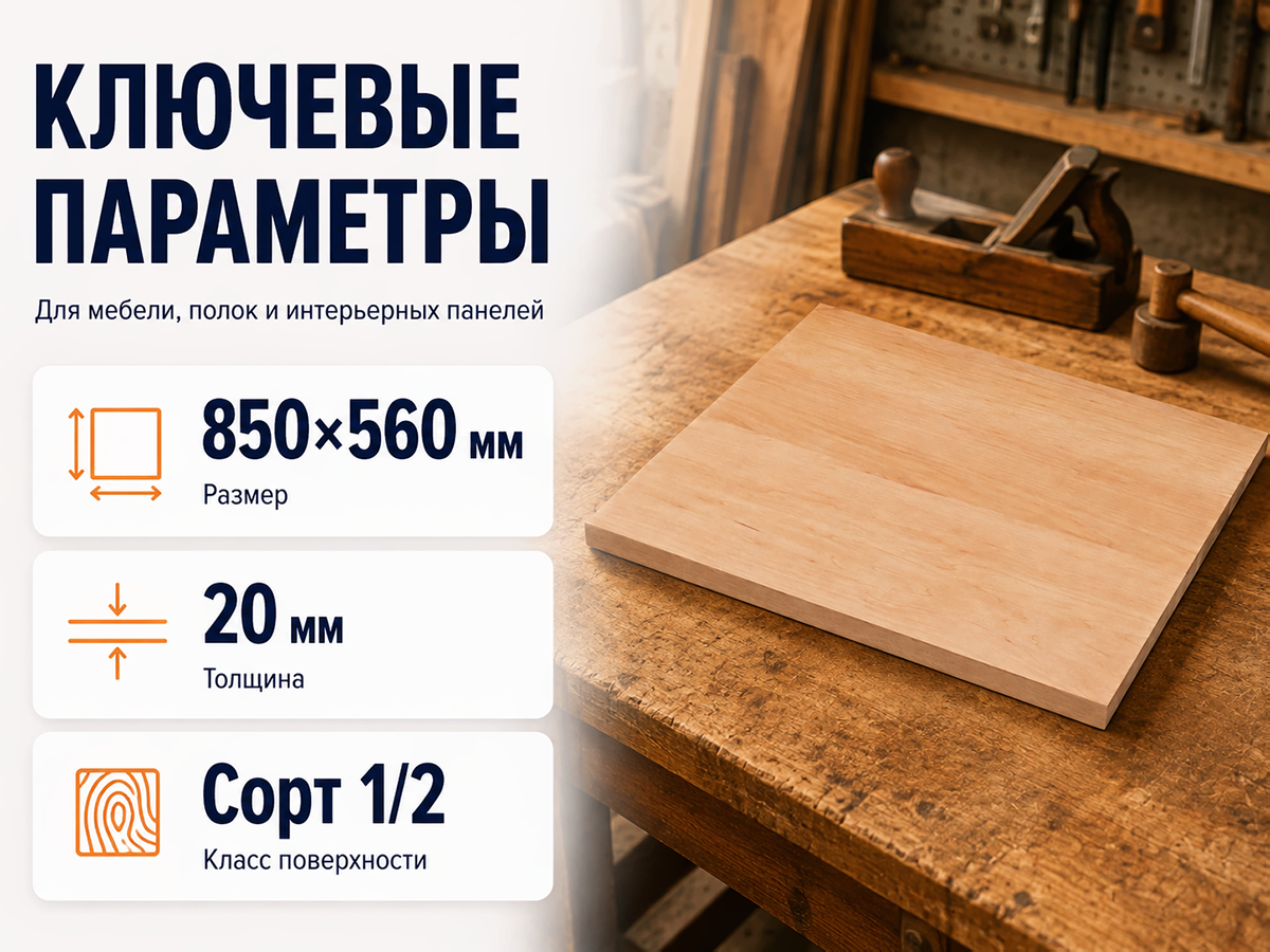 Мебельный щит из ольхи 850×560×20 мм, сорт 1/2 фото 2