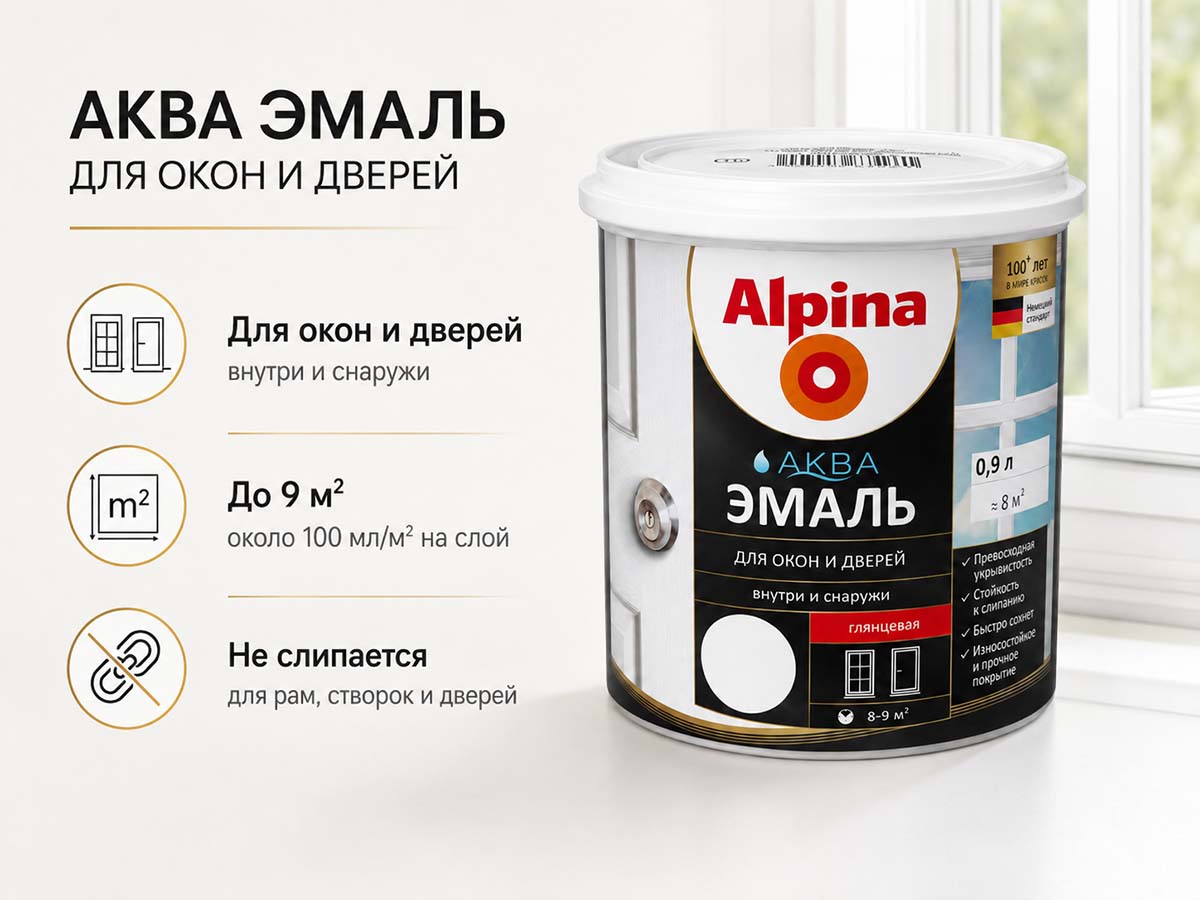 Эмаль акриловая Alpina АКВА для окон и дверей, белая глянцевая, 0,9 л