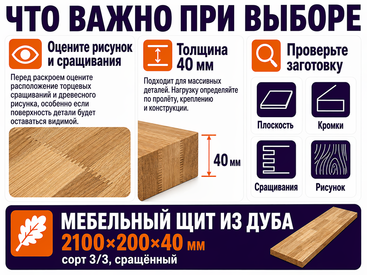 Мебельный щит из дуба сращённый, 2100×200×40 мм, сорт 3/3 фото 5