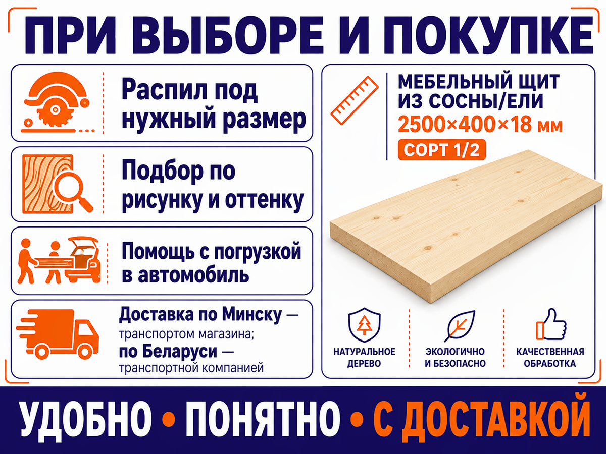 Мебельный щит из сосны/ели 2500×400×18 мм, сорт 1/2