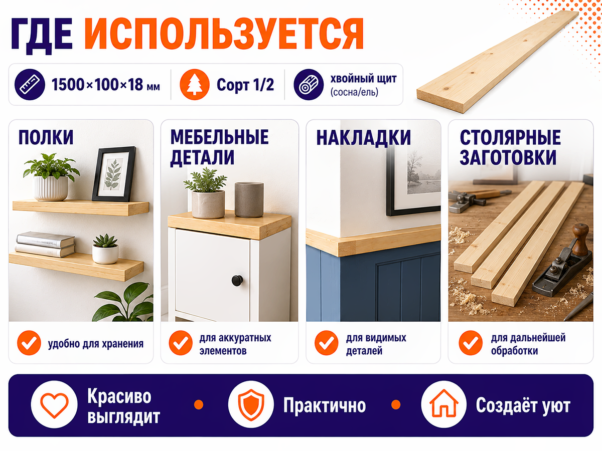 Мебельный щит из сосны/ели 1500×100×18 мм, сорт 1/2