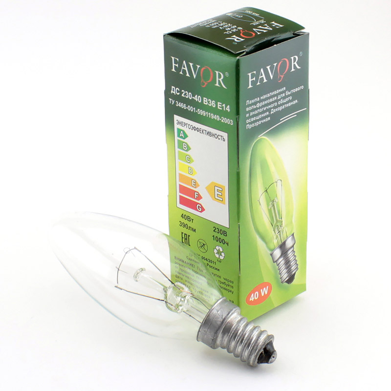 Лампа накаливания FAVOR B36 40W E14 CL (миньон) свеча прозрачная
