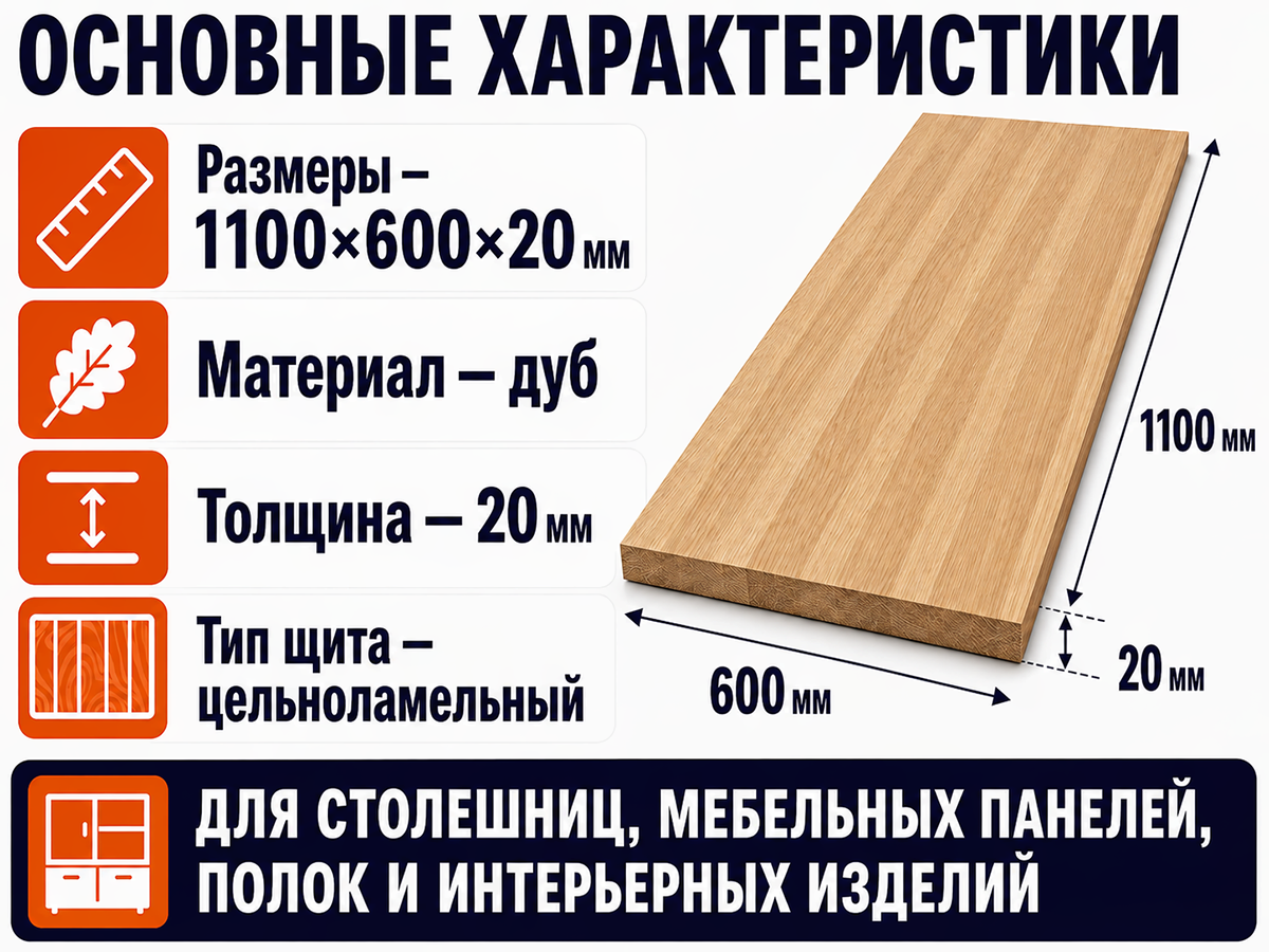 Мебельный щит из дуба цельноламельный, 1100×600×20 мм, сорт 1/2 фото 2