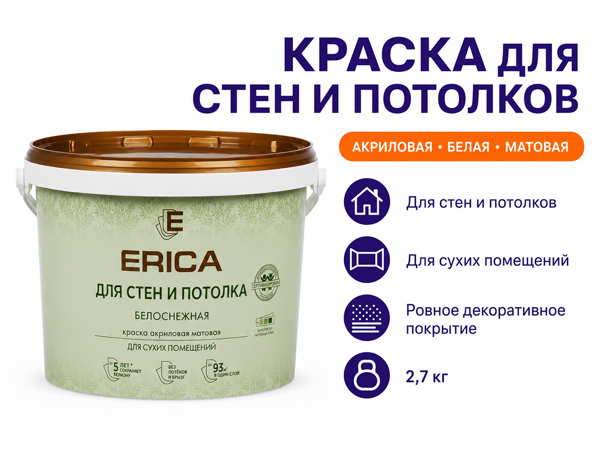 Краска акриловая ERICA для стен и потолков, белая матовая, 2,7 кг фото 2