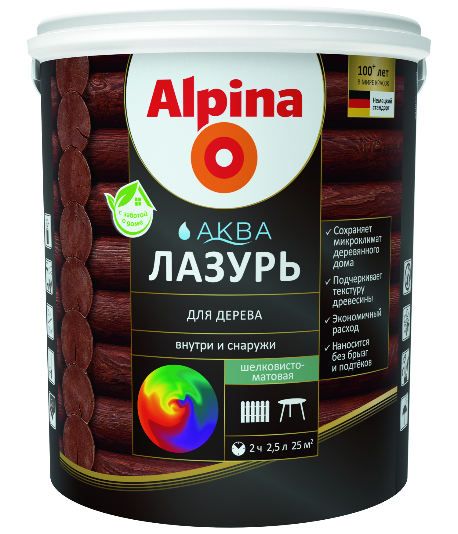 Лак акриловый водно-дисперсионный Alpina Аква Лазурь для дерева цветная, Черный, 2,5 л/2,50 кг