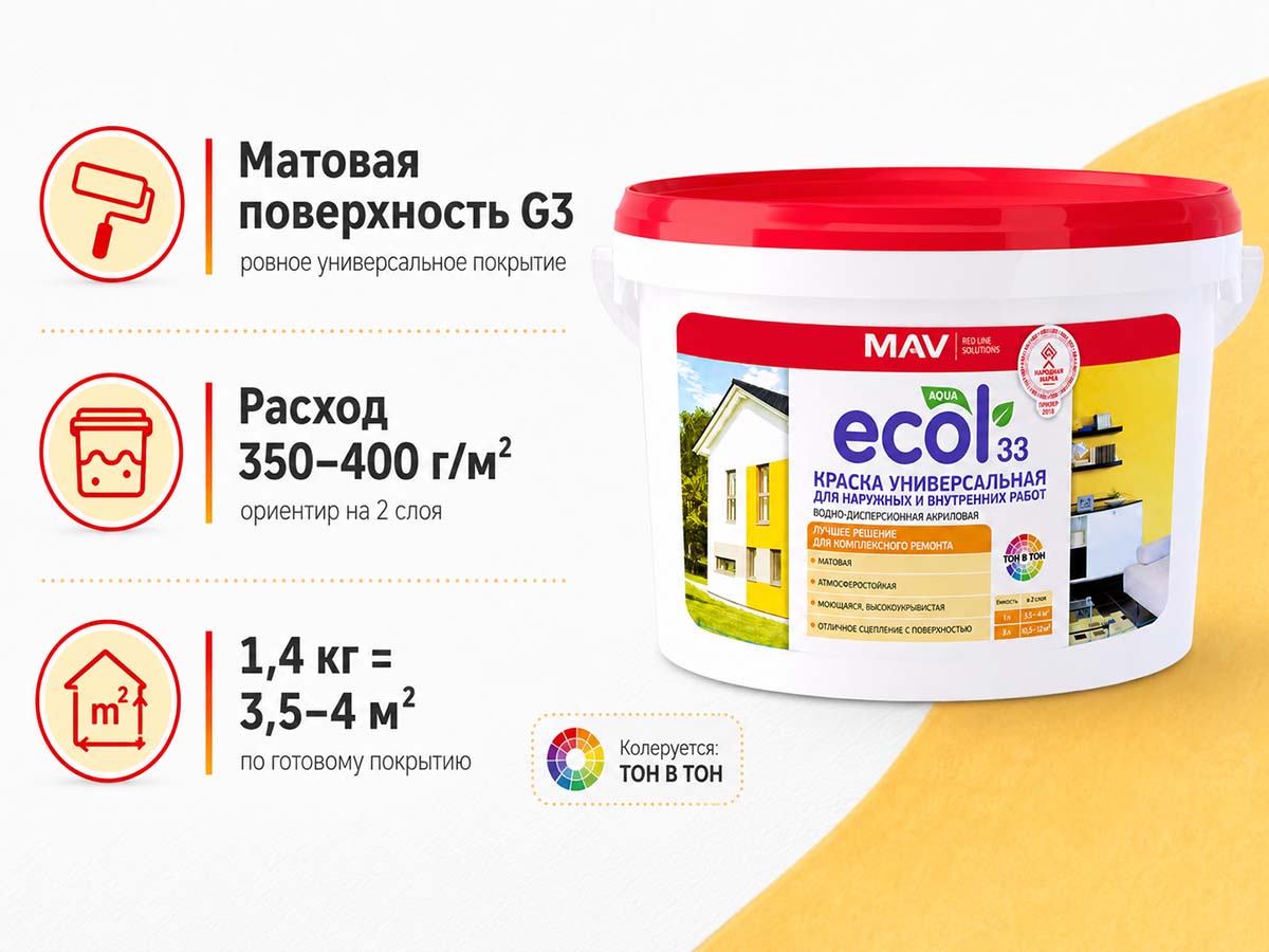 Краска акриловая MAV ECOL 33 ВД-АК-1033 универсальная для наружных и внутренних работ, белая матовая, 1 л / 1,4 кг