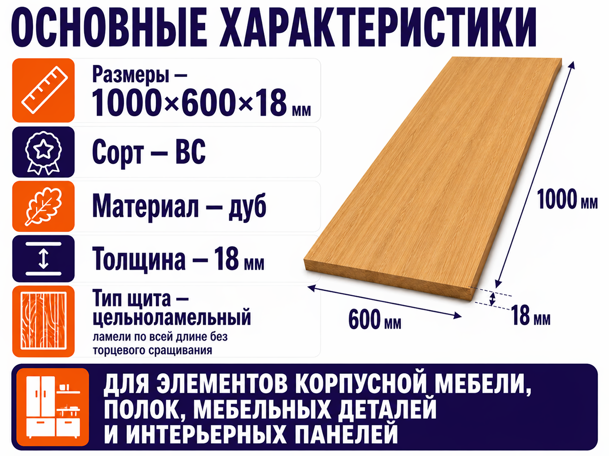 Мебельный щит из дуба цельноламельный, 1000×600×18 мм, сорт BC фото 2