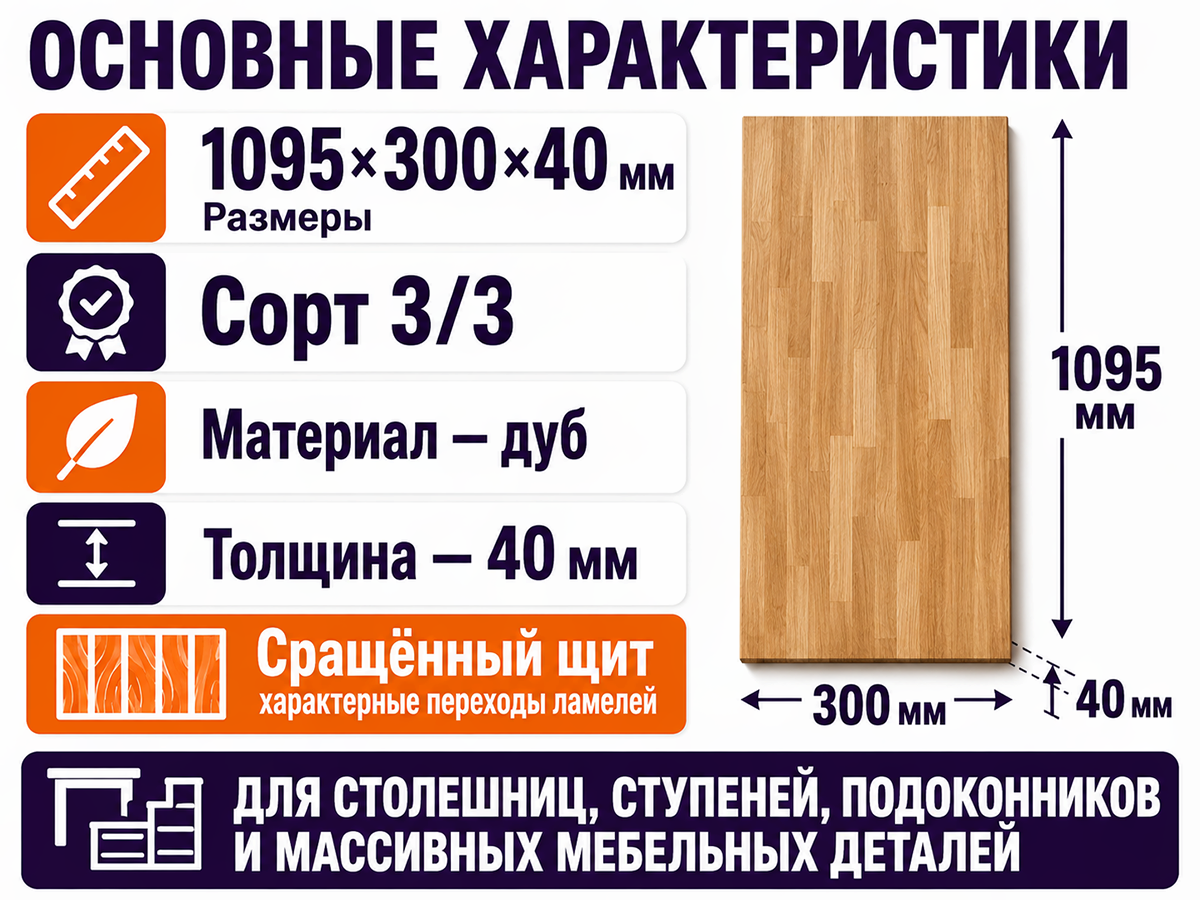 Мебельный щит из дуба сращённый, 1095×300×40 мм, сорт 3/3 фото 2