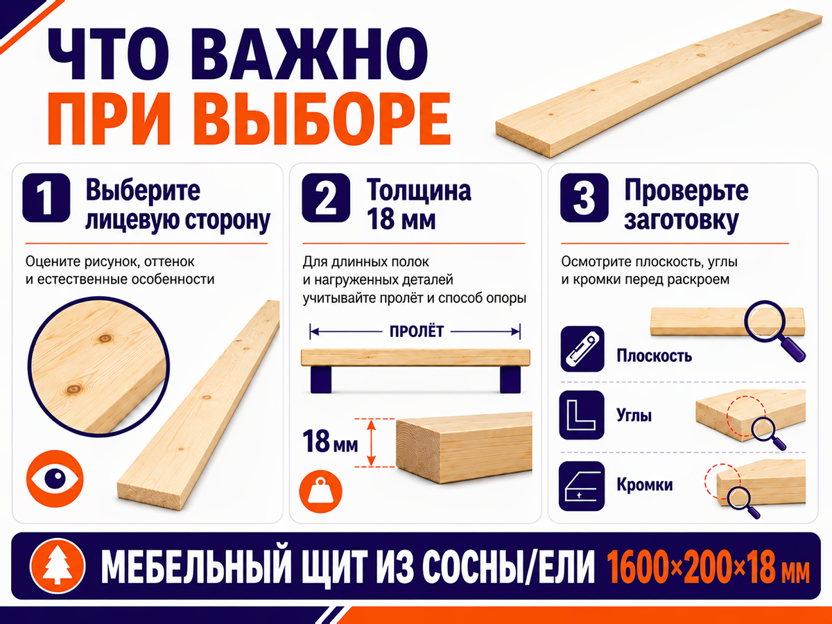 Мебельный щит из сосны/ели 1600×200×18 мм, сорт 1/2