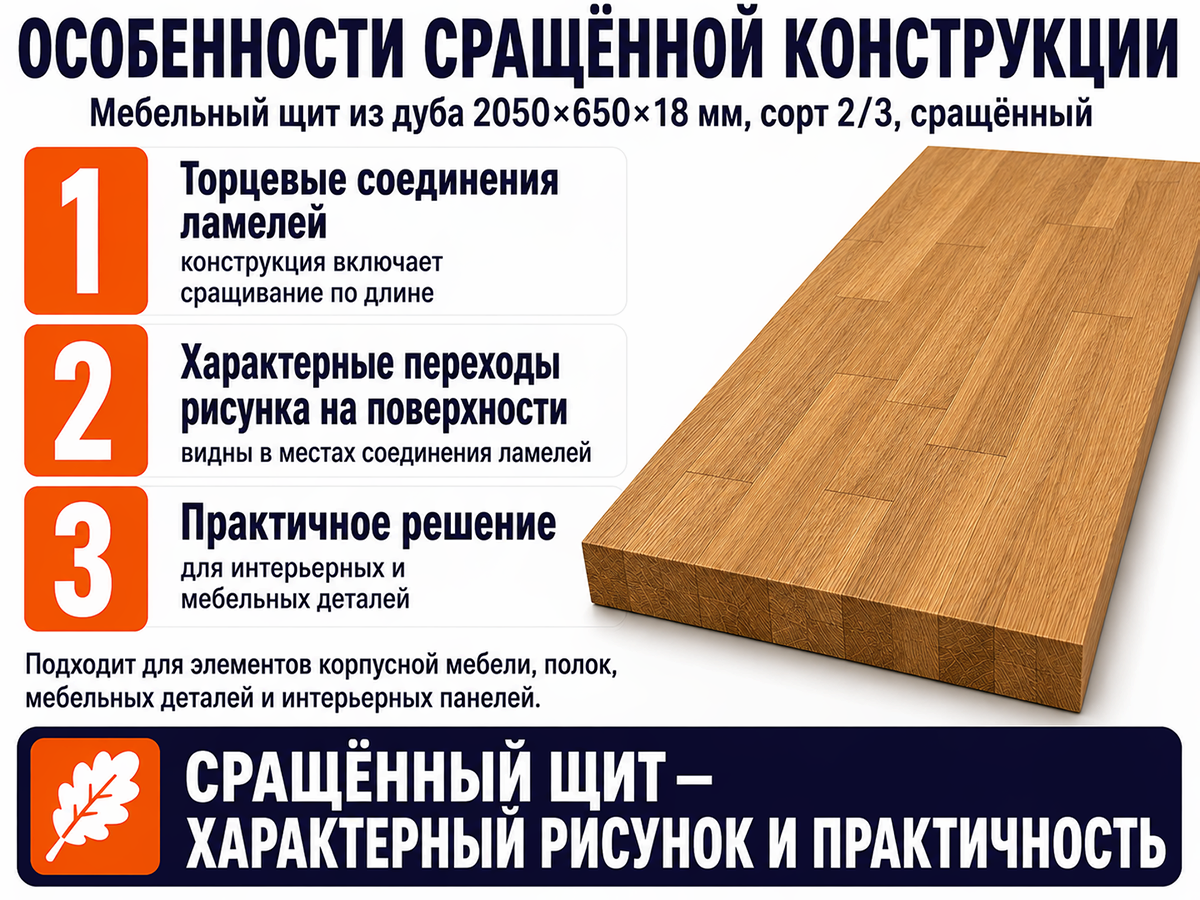 Мебельный щит из дуба сращённый, 2050×650×18 мм, сорт 2/3 фото 5