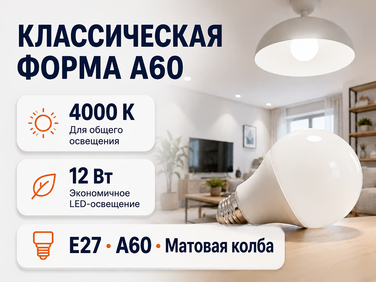 Белсвет лампа светодиодная LED M A60, 12 Вт, E27, 4000 K фото 4