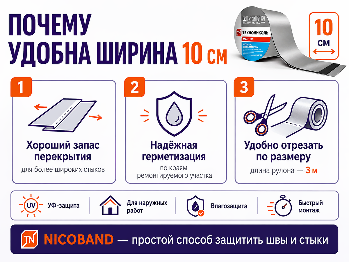 Лента-герметик ТЕХНОНИКОЛЬ NICOBAND, серебристая, 3 м × 10 см фото 4