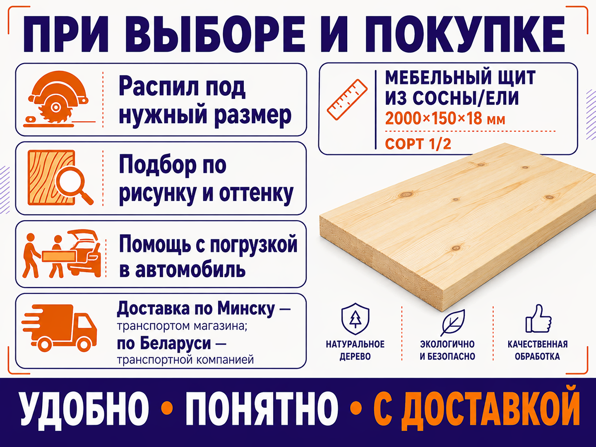 Мебельный щит из сосны/ели 2000×150×18 мм, сорт 1/2
