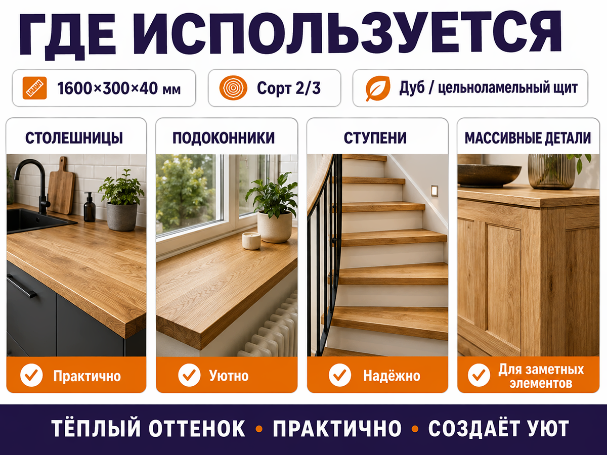 Мебельный щит из дуба 1600×300×40 мм, сорт 2/3, цельноламельный фото 5