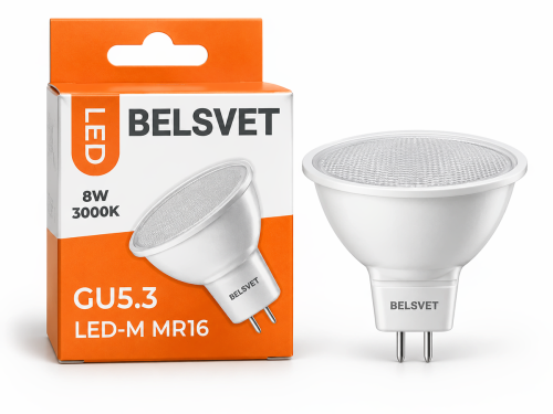 Белсвет лампа светодиодная LED M MR16, 8 Вт, 3000 K, GU5.3