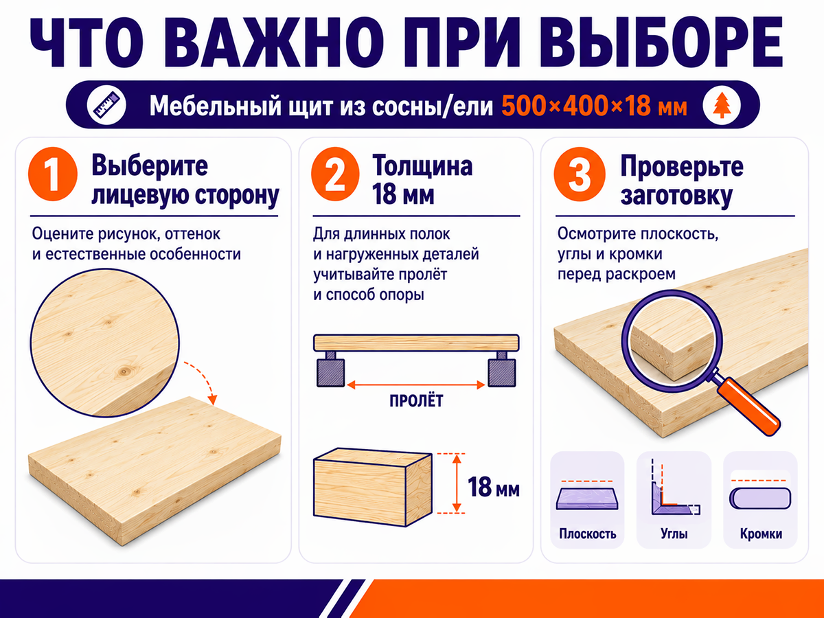 Мебельный щит из сосны/ели 500×400×18 мм, сорт 1/2
