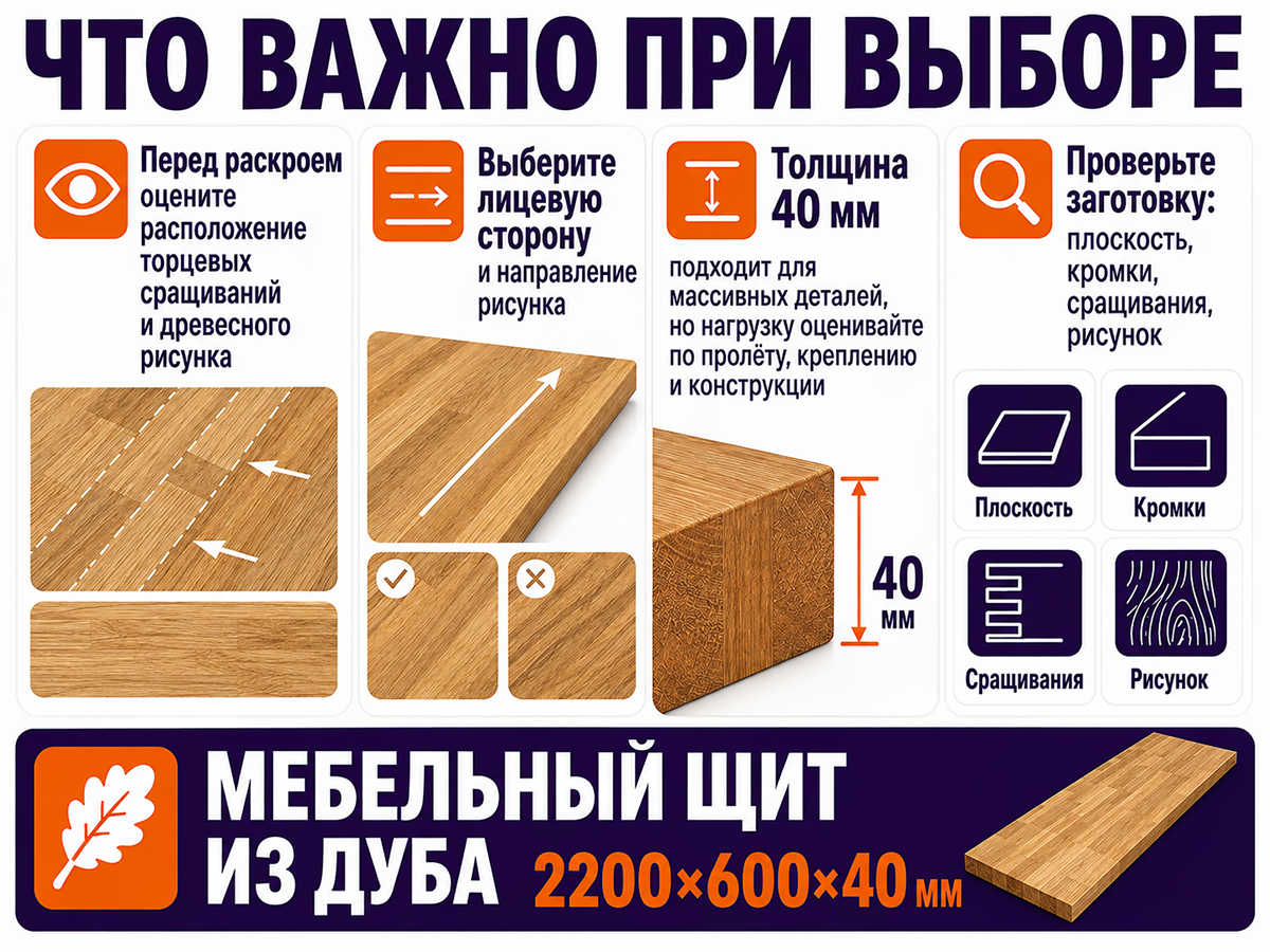 Мебельный щит из дуба сращённый, 2200×600×40 мм, сорт 1/3 фото 5