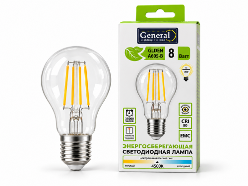 Лампа светодиодная General GLDEN A60S-B, 8 Вт, E27, 4500 К