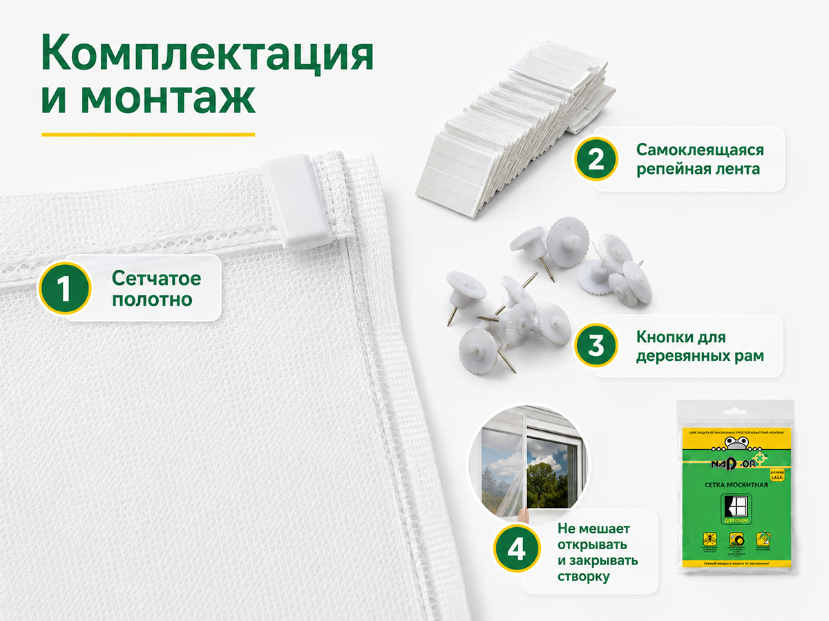 Сетка москитная Nadzor MSN015P для окон, 1,5×1,5 м, белая, с крепежом