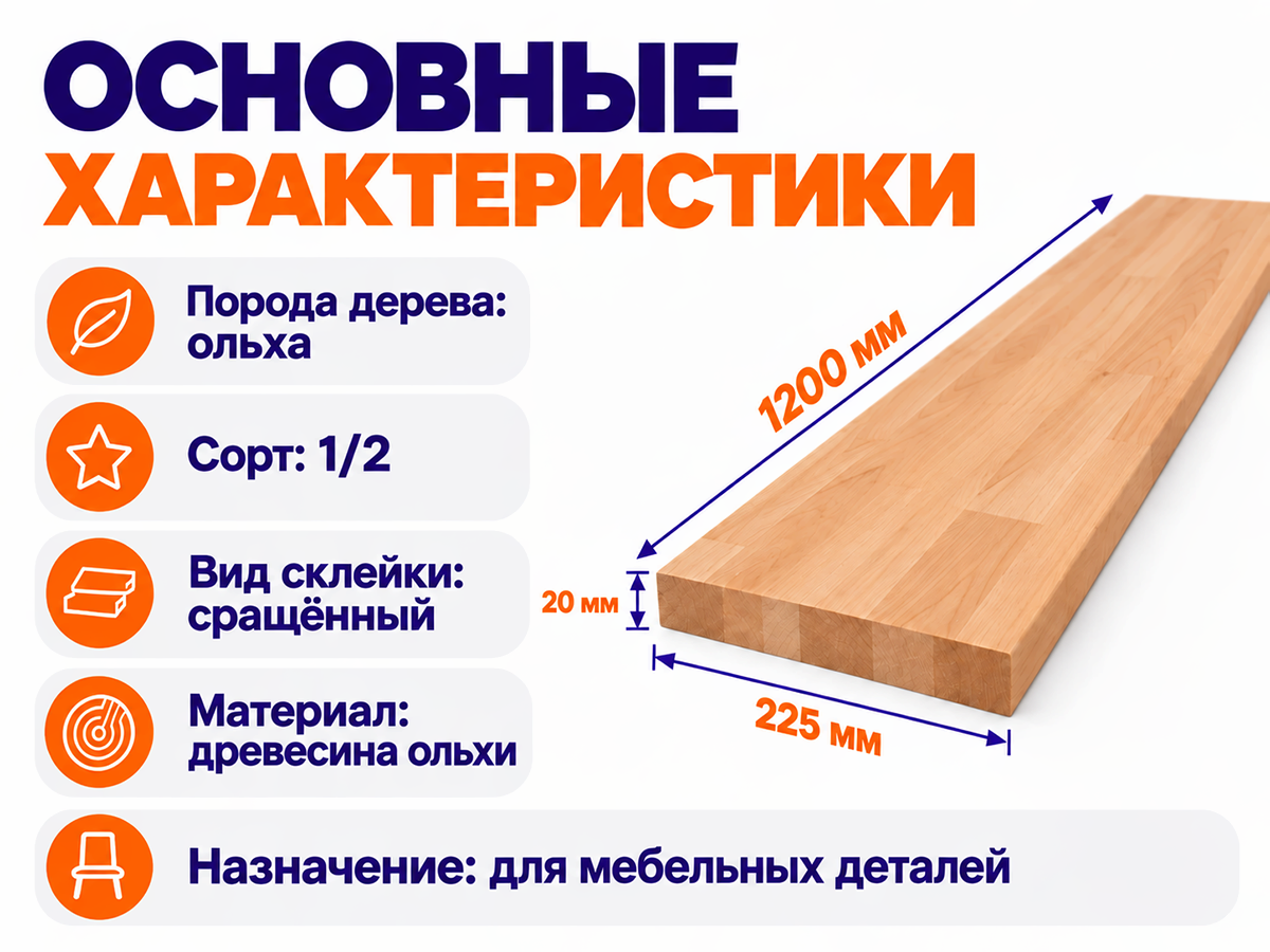 Мебельный щит из ольхи сращённый, 1200×225×20 мм, сорт 1/2 фото 2