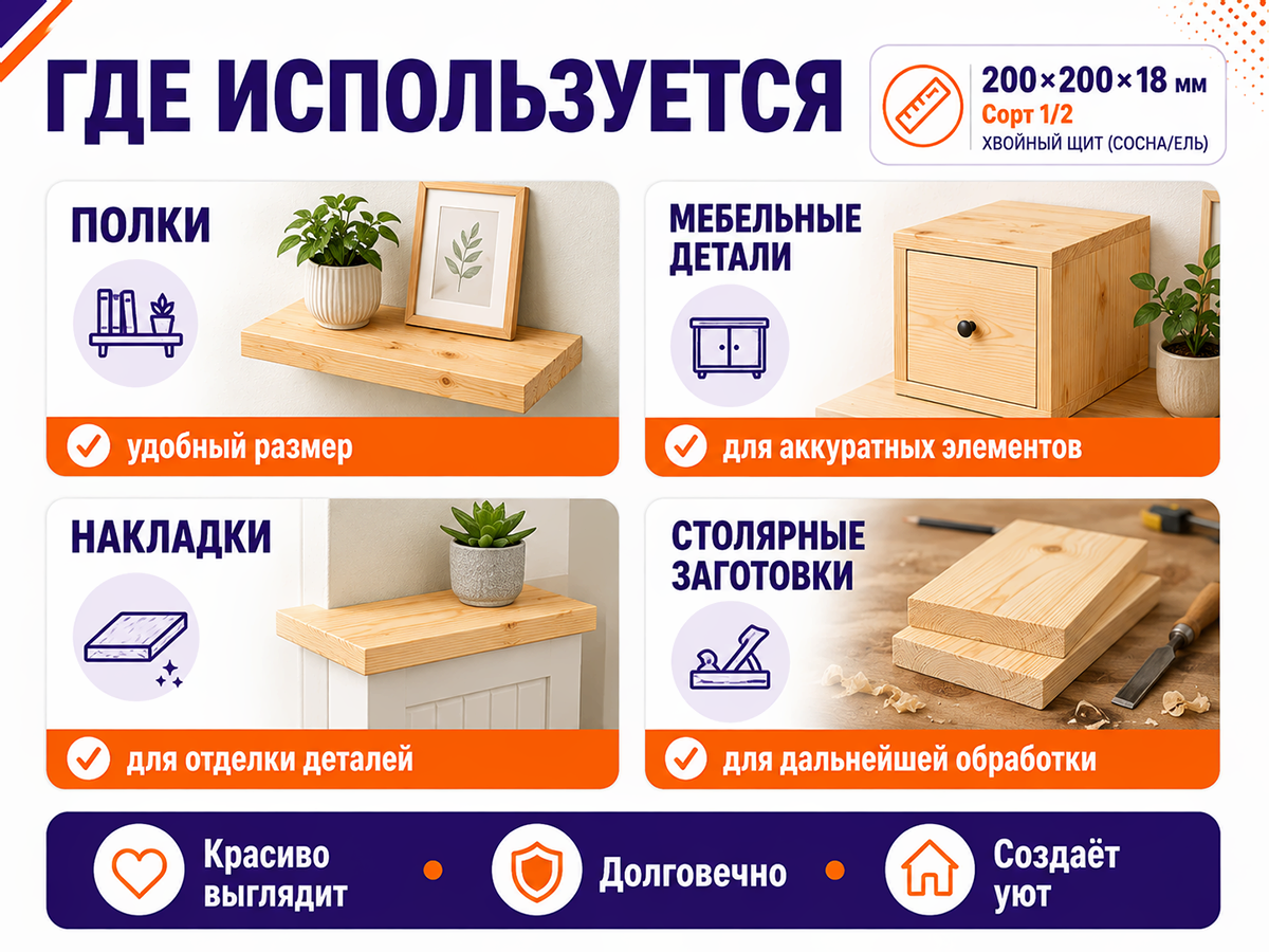 Мебельный щит из сосны/ели 200×200×18 мм, сорт 1/2