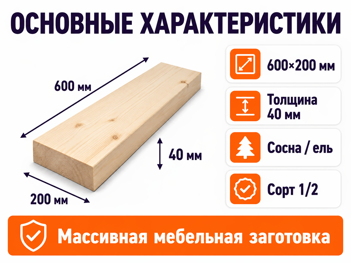 Мебельный щит из хвойных пород, 600×200×40 мм, сорт 1/2 фото 2