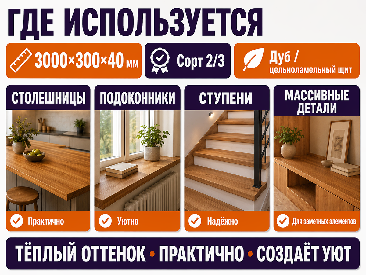 Мебельный щит из дуба цельноламельный, 3000×300×40 мм, сорт 2/3 фото 3