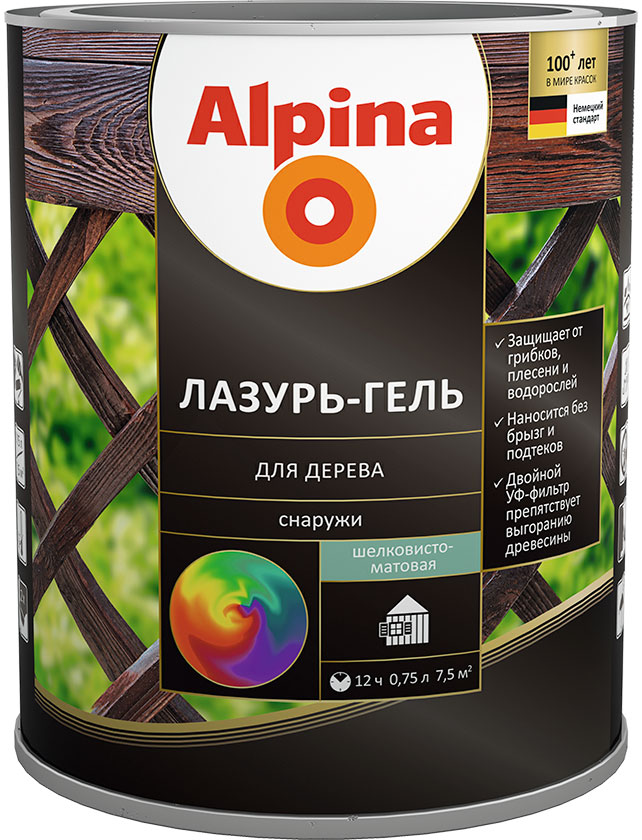 Средство защитно-декоративное Alpina Лазурь-гель для дерева шелковисто-матовая, цветная, палисандр (алкидное) 0,75 л / 0,66 кг