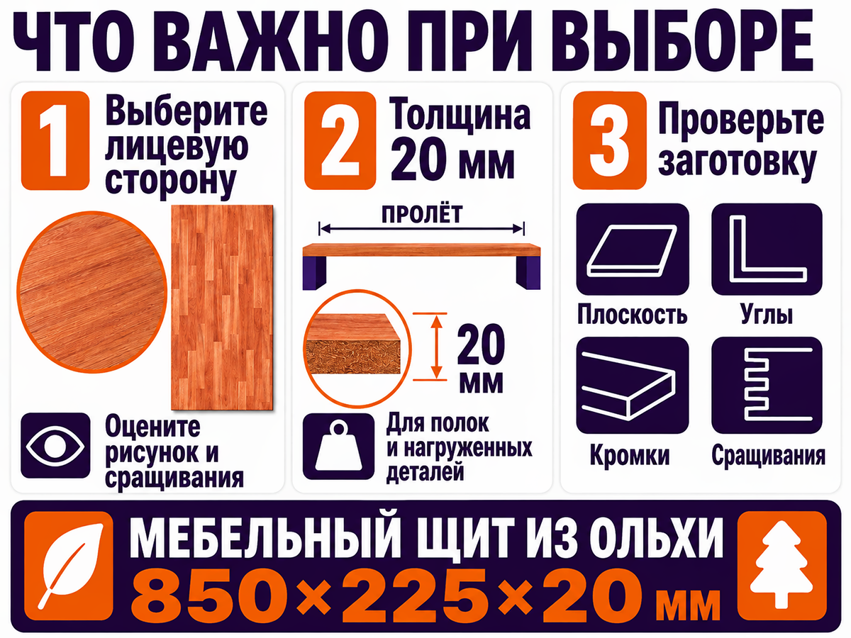 Мебельный щит из ольхи 850×225×20 мм, сорт 1/2, сращённый фото 5