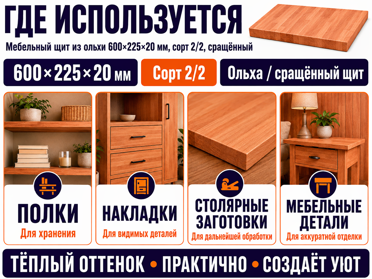 Мебельный щит из ольхи 600×225×20 мм, сорт 2/2, сращённый фото 3