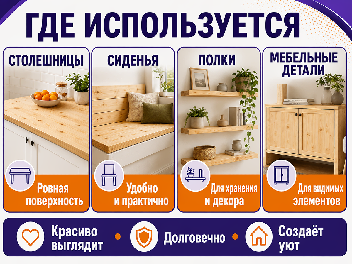 Мебельный щит из хвойной древесины, сращённый, сорт 1/2, 1000×1000×40 мм фото 3