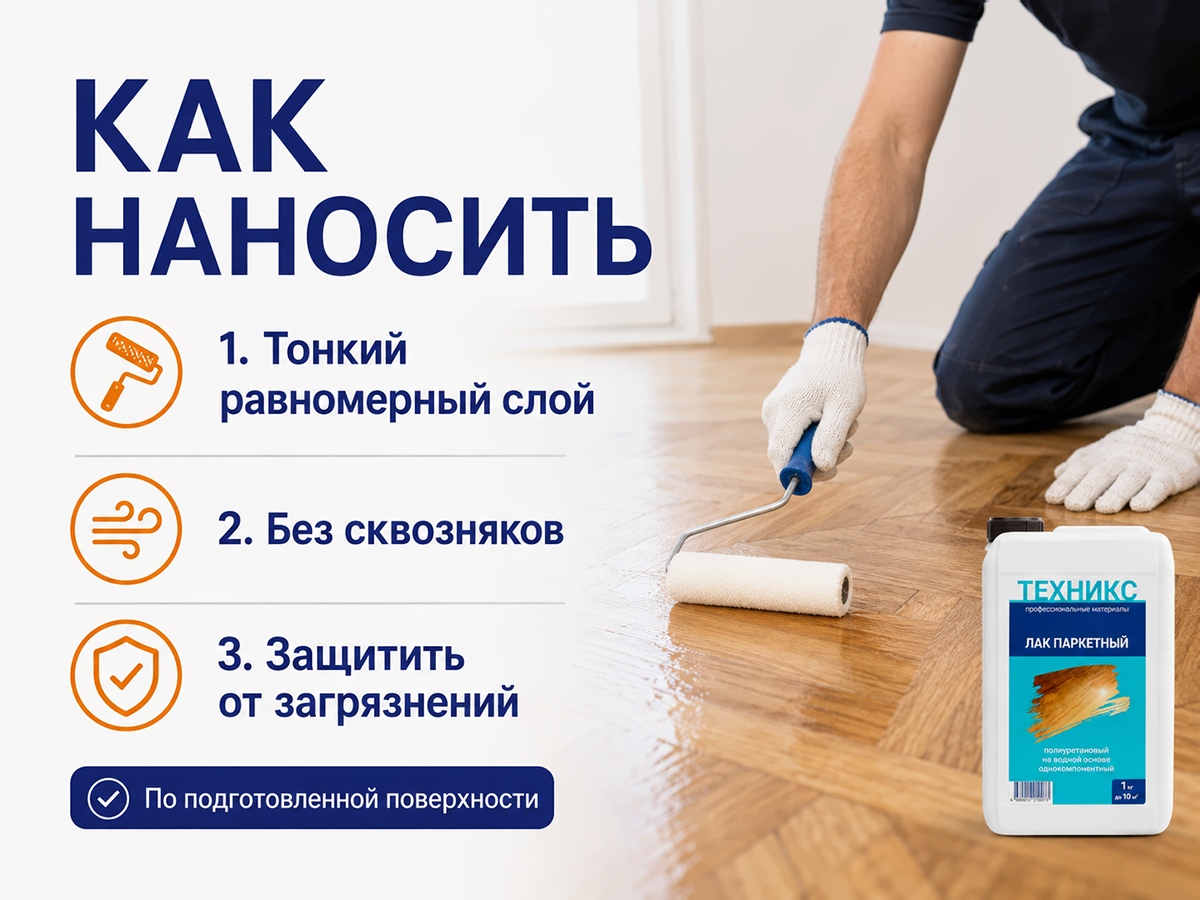 Лак полиуретановый ТЕХНИКС ВД-УР 202 для паркета, бесцветный полуматовый, 1 кг фото 4