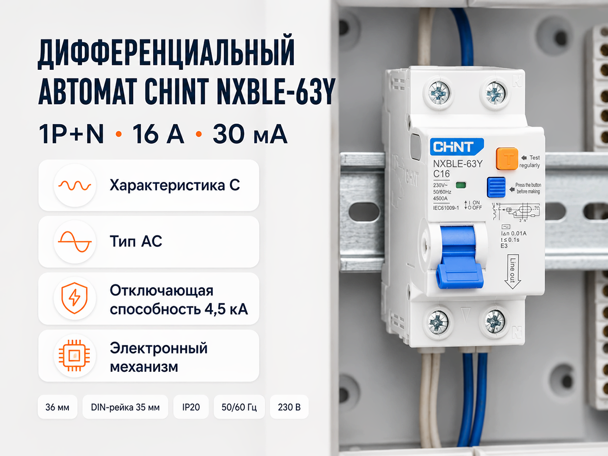 Дифференциальный автомат CHINT NXBLE-63Y 1P+N 16 А, 30 мА, AC, C, 4,5 кА фото 6