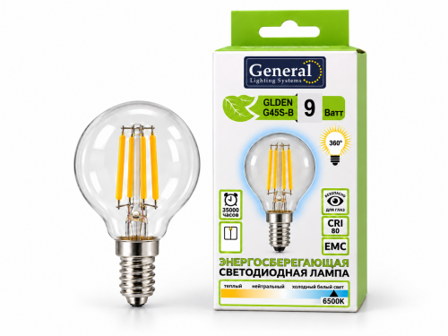 Лампа светодиодная General GLDEN G45S-B, 9 Вт, E14, 6500 К
