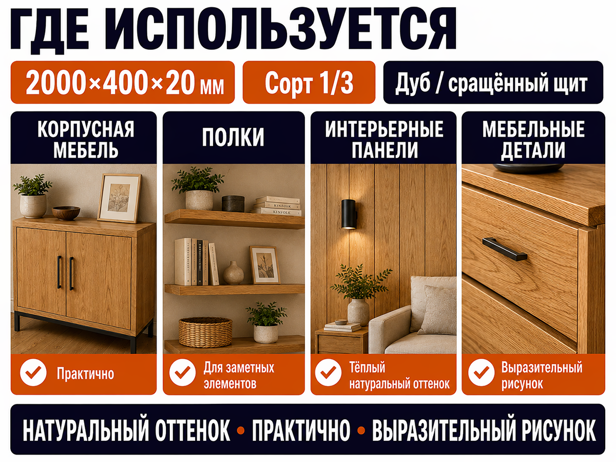 Мебельный щит из дуба сращённый, 2000×400×20 мм, сорт 1/3 фото 3