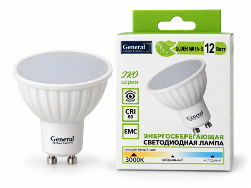Лампа светодиодная General GLDEN MR16-B, 12 Вт, GU10, 3000 К