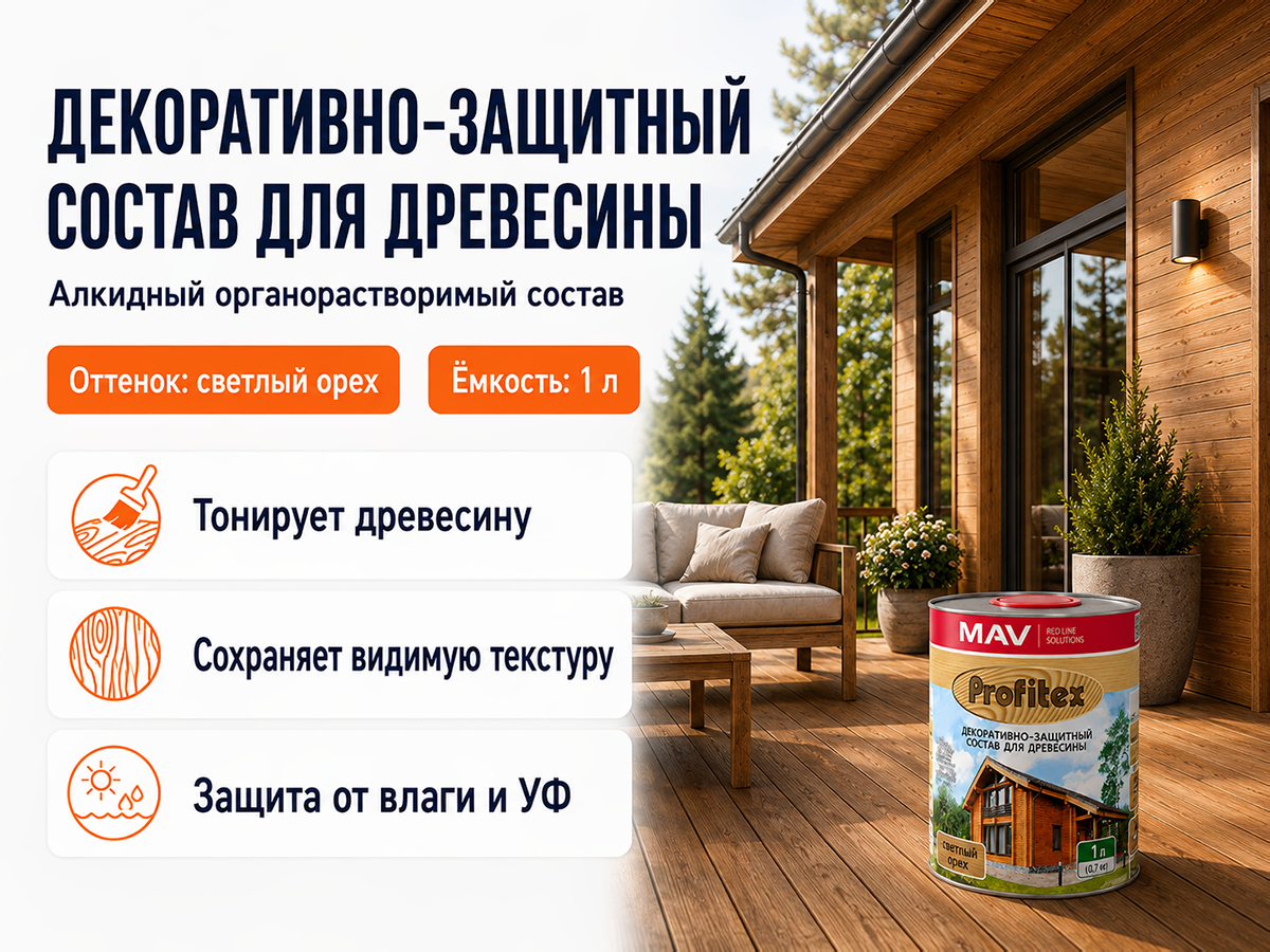 Состав PROFITEX декоративно-защитный для древесины «Светлый орех», 1 л (0,7 кг) фото 2