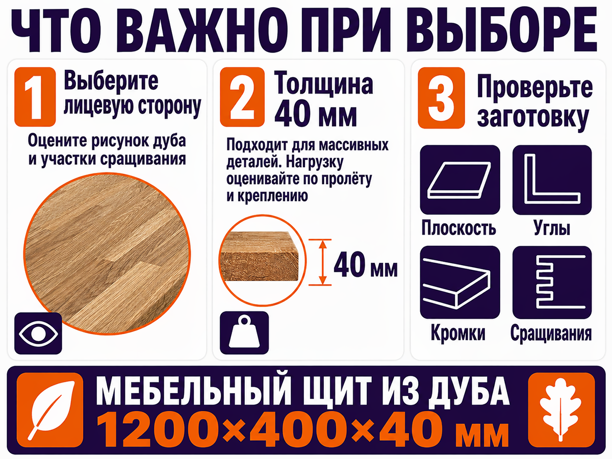 Мебельный щит из дуба сращённый, 1200×400×40 мм, сорт 3/3 фото 4