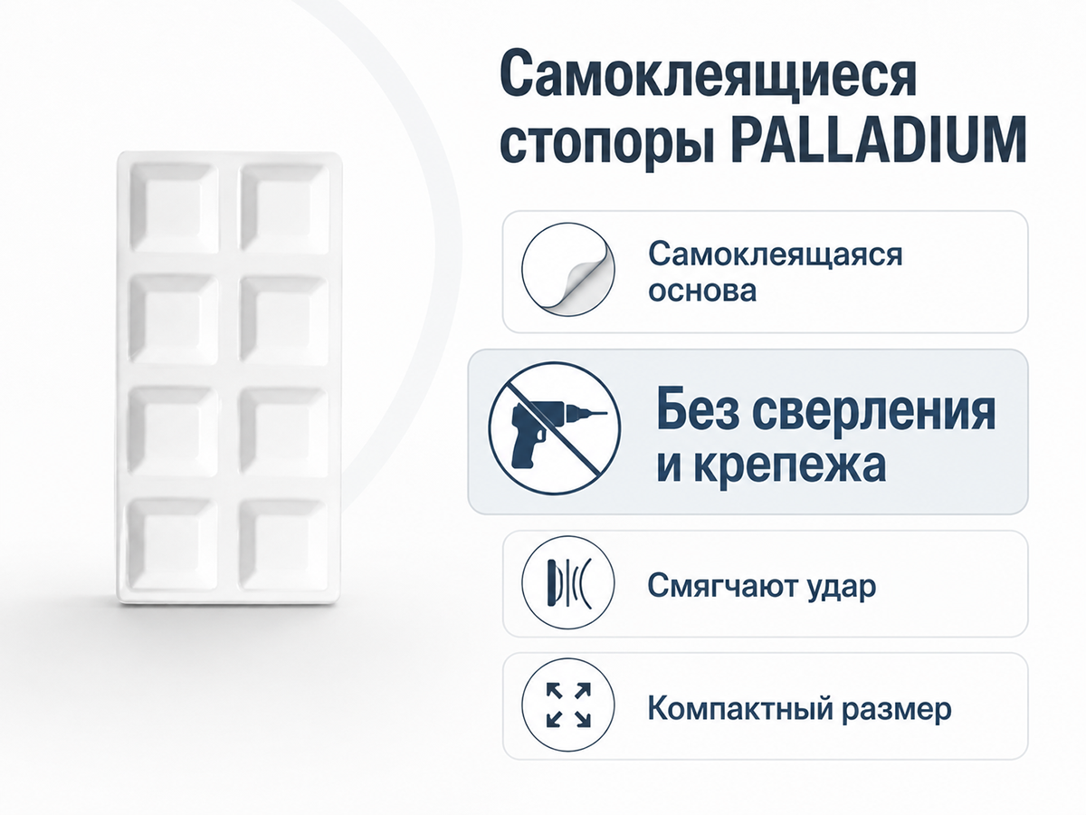 Стопоры самоклеящиеся Palladium для стен, 15×15 мм, белые, 8 шт.