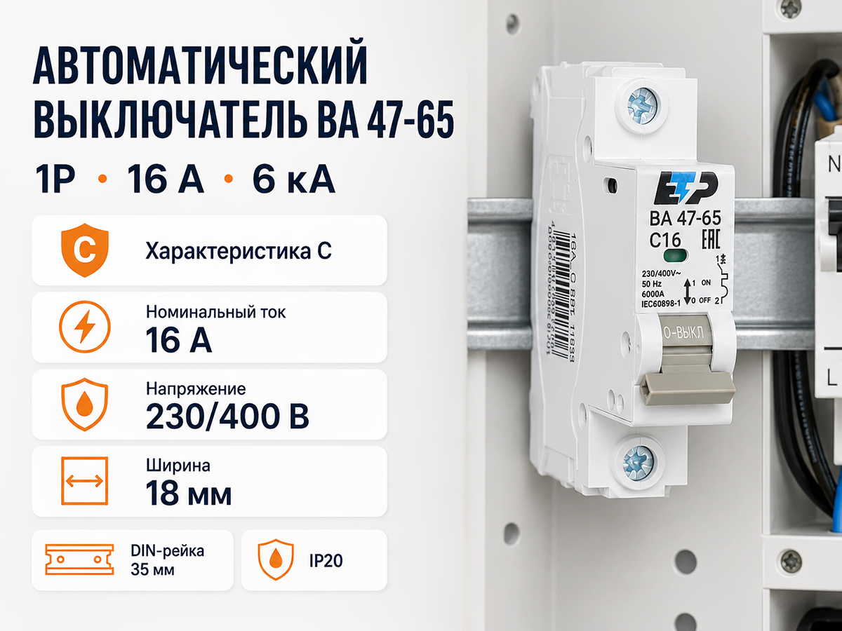 ЕТР автоматический выключатель ETR ВА47 65, 1P, 16 А, C, 6 кА фото 6