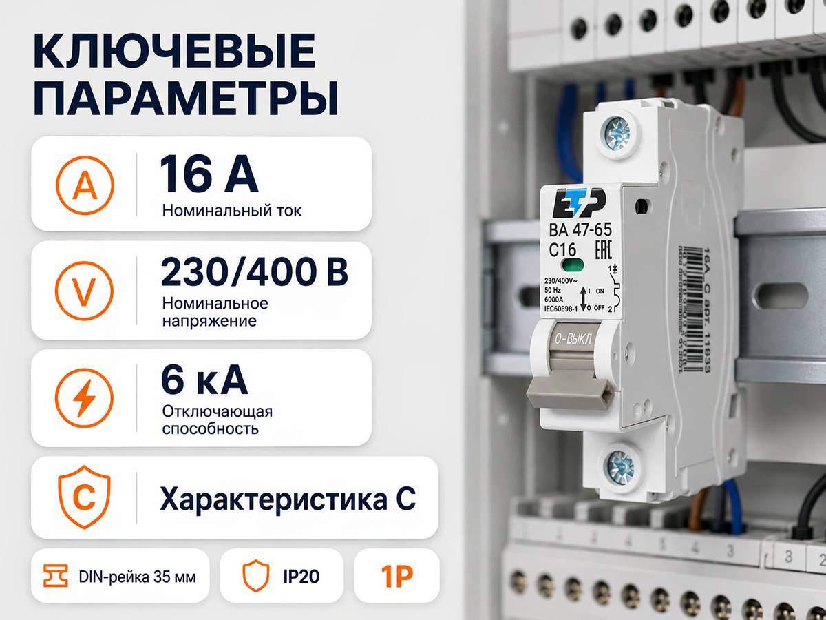 ЕТР автоматический выключатель ETR ВА47 65, 1P, 16 А, C, 6 кА фото 2