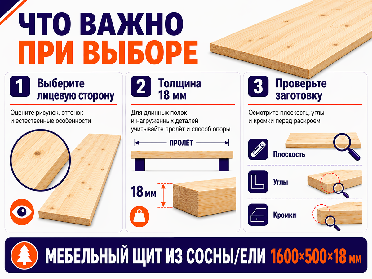 Мебельный щит из сосны/ели 1600×500×18 мм, сорт 1/2