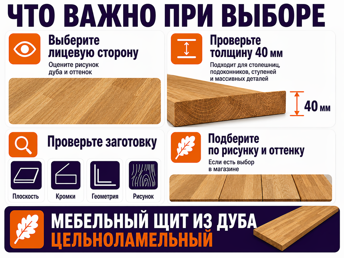 Мебельный щит из дуба 1200×300×40 мм, сорт 2/3, цельноламельный фото 5