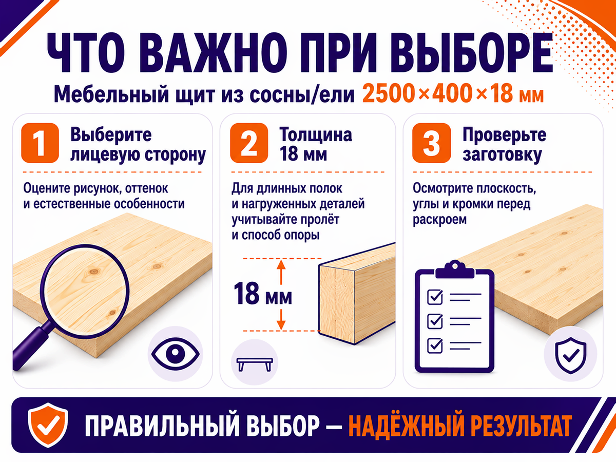Мебельный щит из сосны/ели 2500×400×18 мм, сорт 1/2