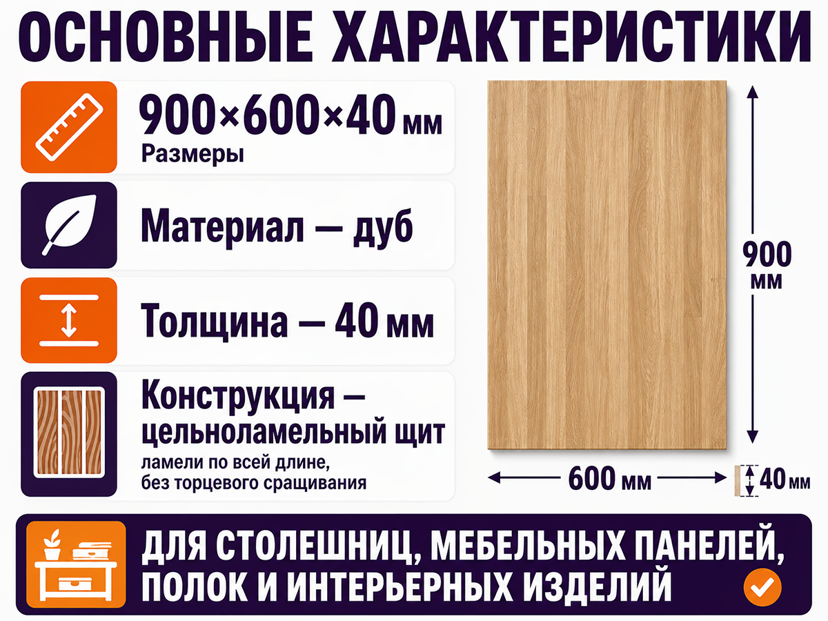 Мебельный щит из дуба цельноламельный, 900×600×40 мм, сорт 1/2 фото 2