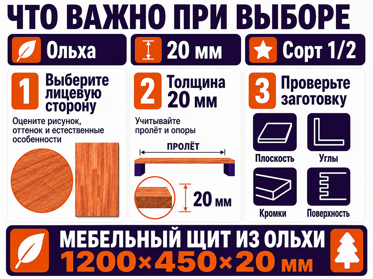 Мебельный щит из ольхи, 1200×450×20 мм, сорт 1/2 фото 5