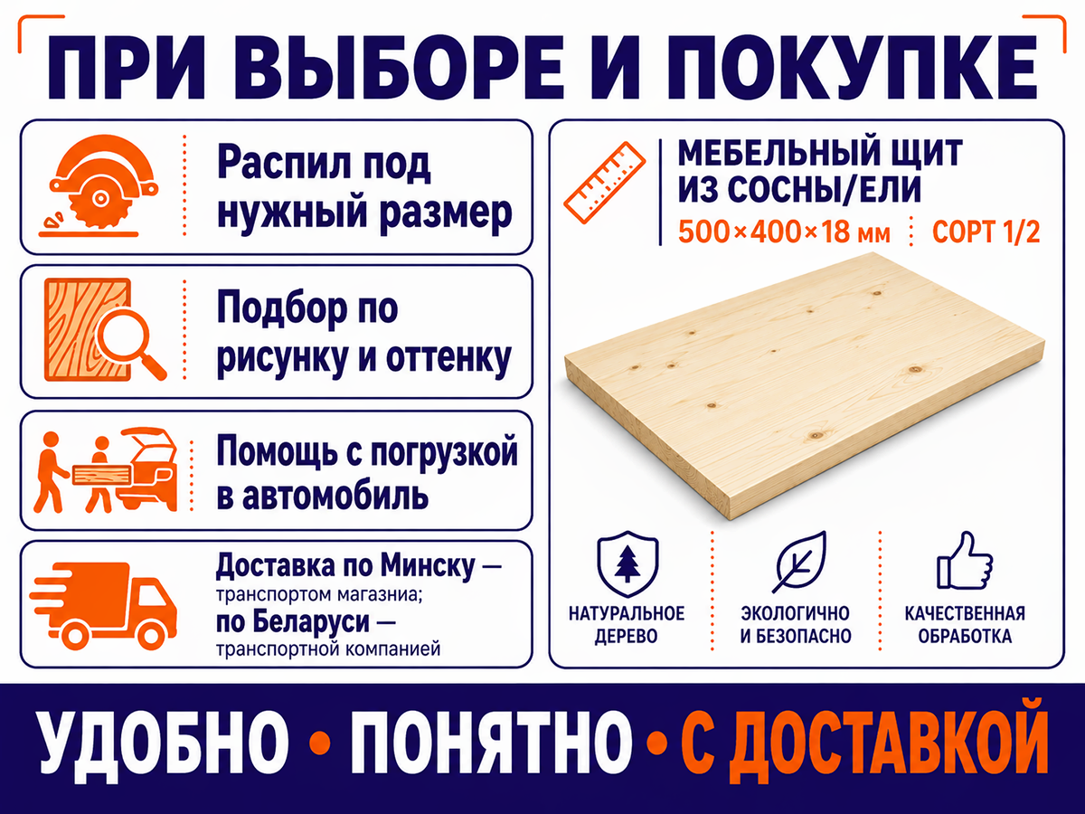 Мебельный щит из сосны/ели 500×400×18 мм, сорт 1/2
